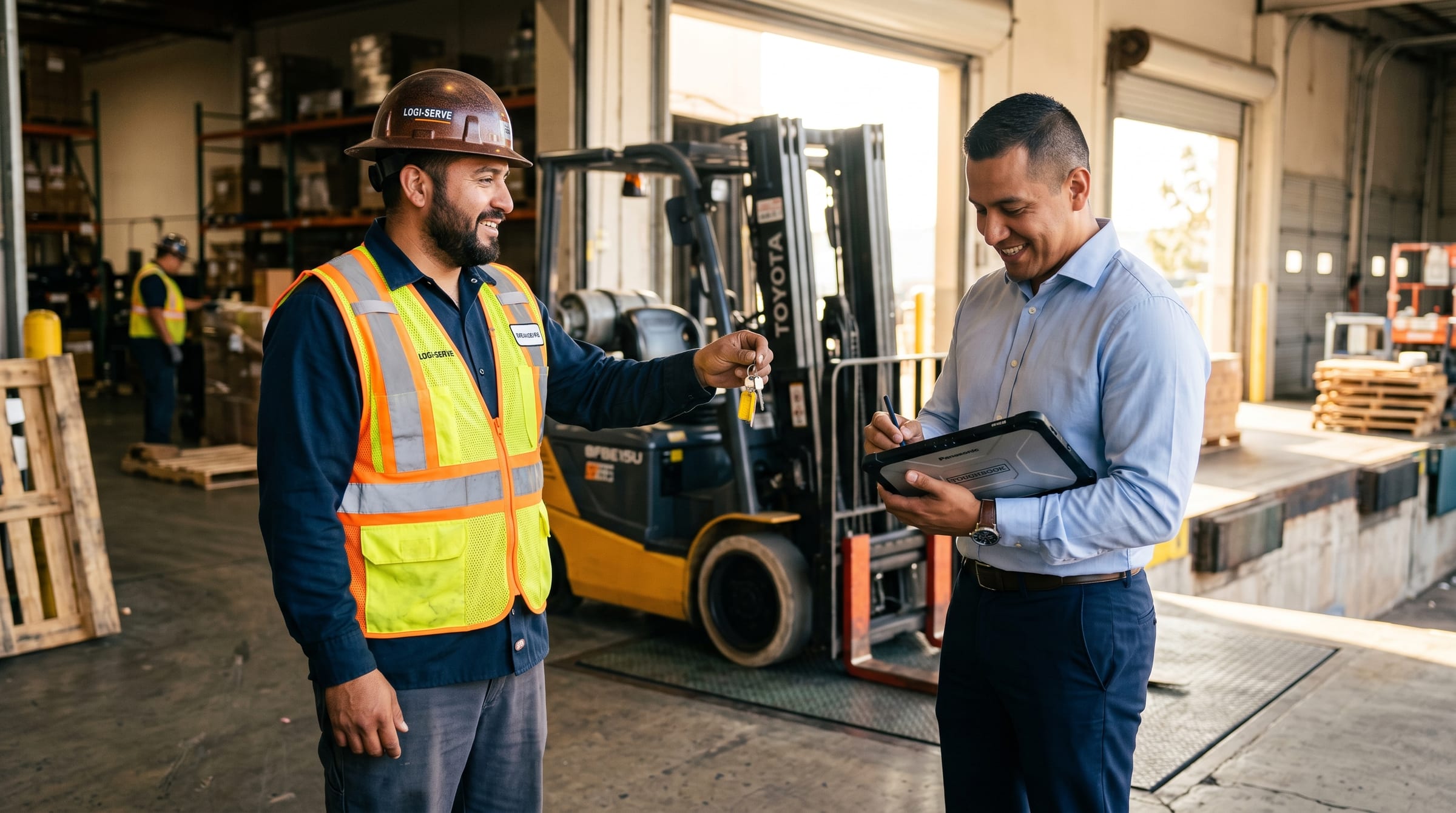 Supervisor y operario de montacargas revisando una orden en tablet