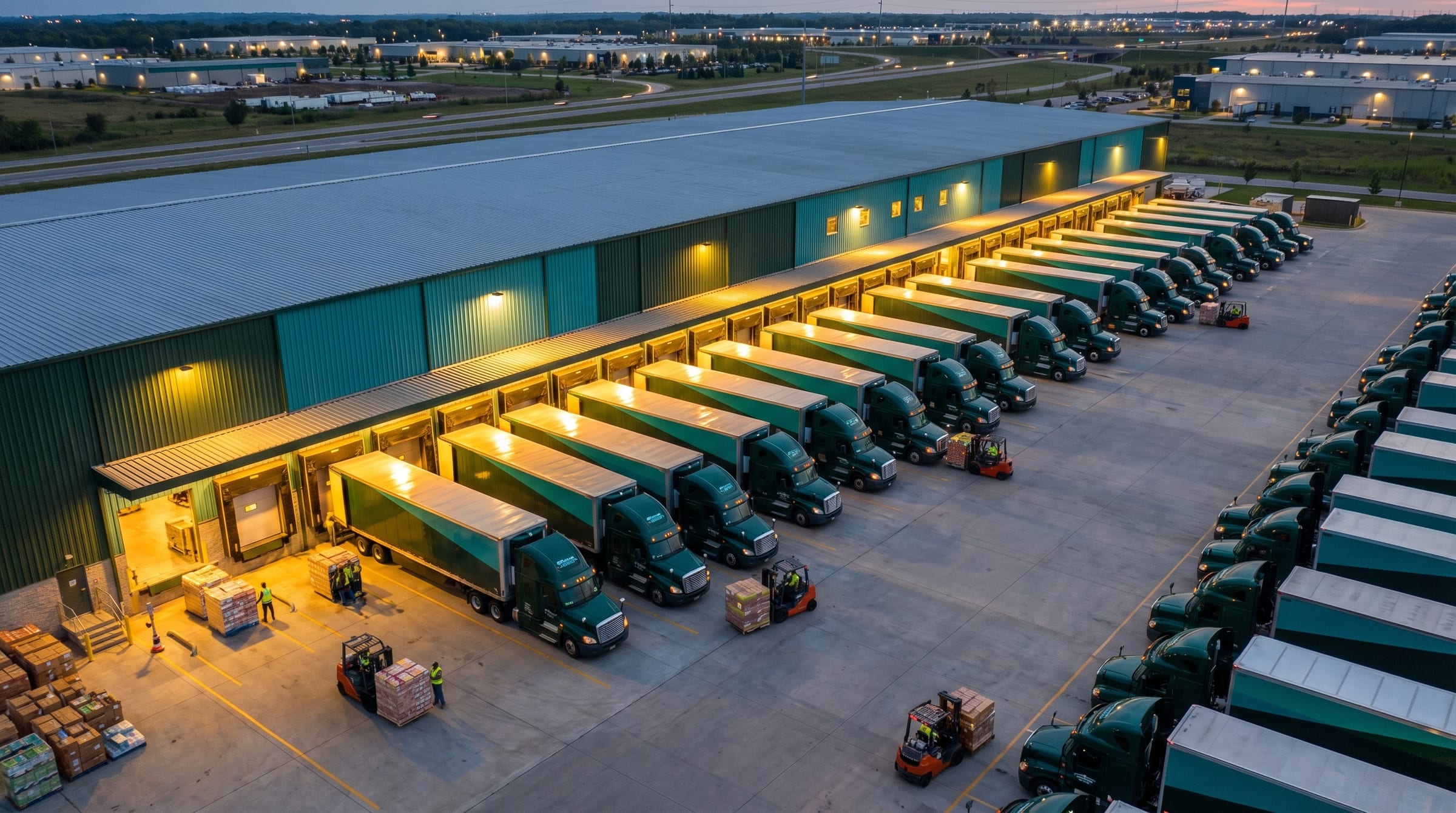 Aerial view of a logistics center at dusk with trucks at the docks