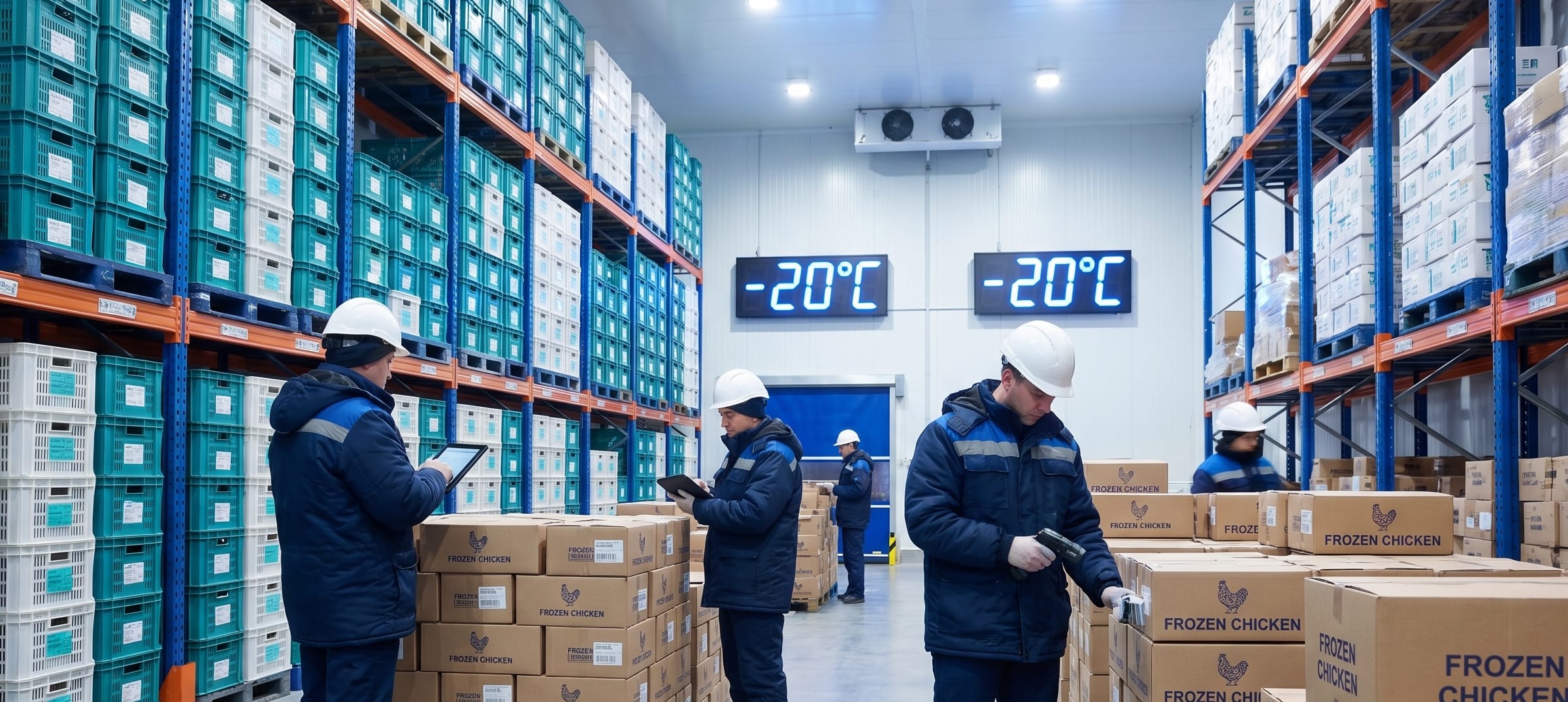 Cámara de congelados con racks y cajas de producto en tarimas