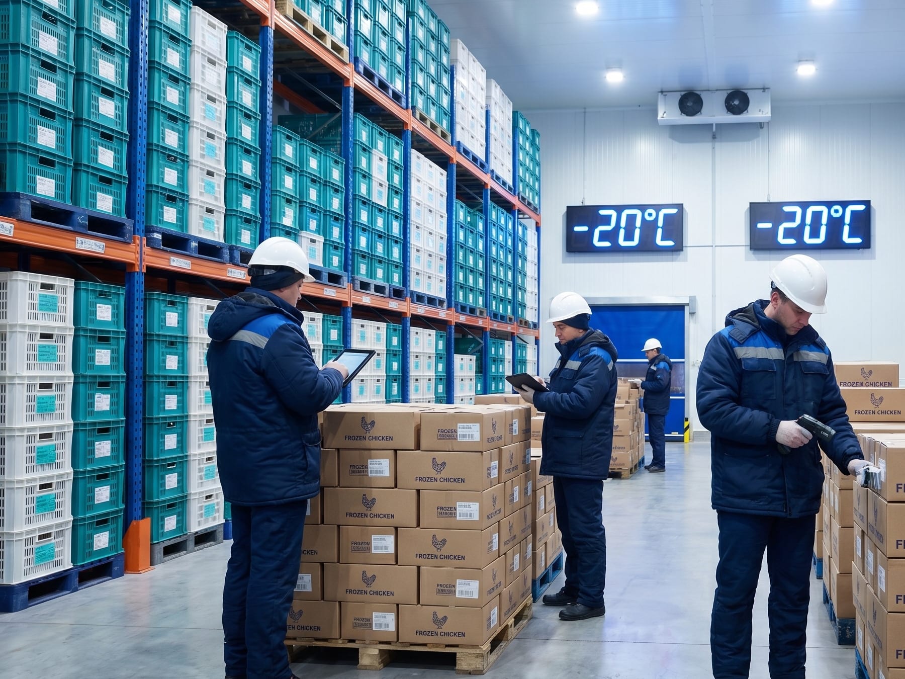 Team with tablets checking lots in a -20 °C freezer