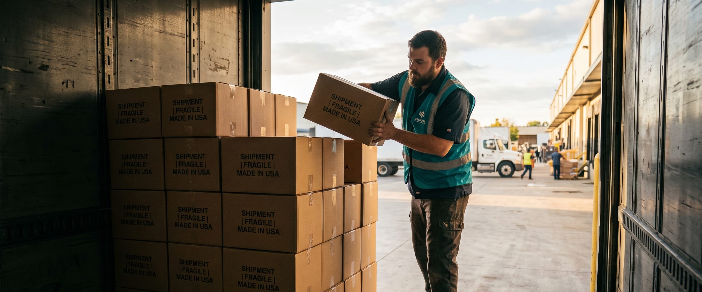 Operario cargando cajas en un remolque desde el andén