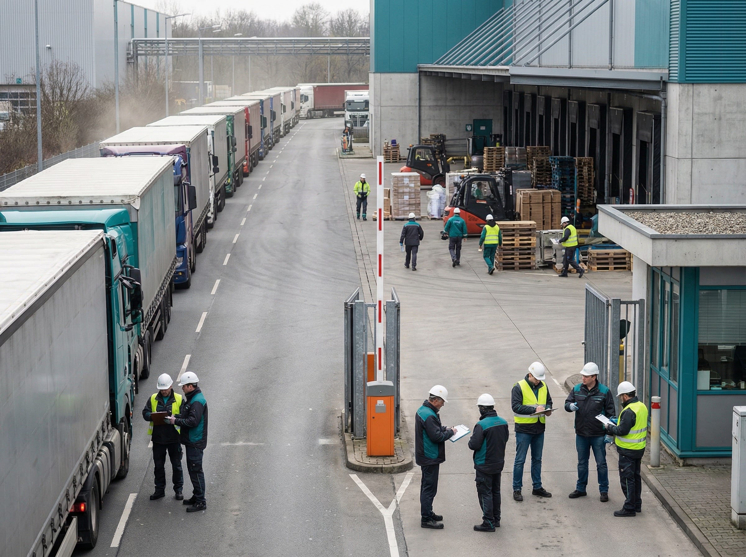 Line of trucks at a bonded facility's gate, with staff checking documents