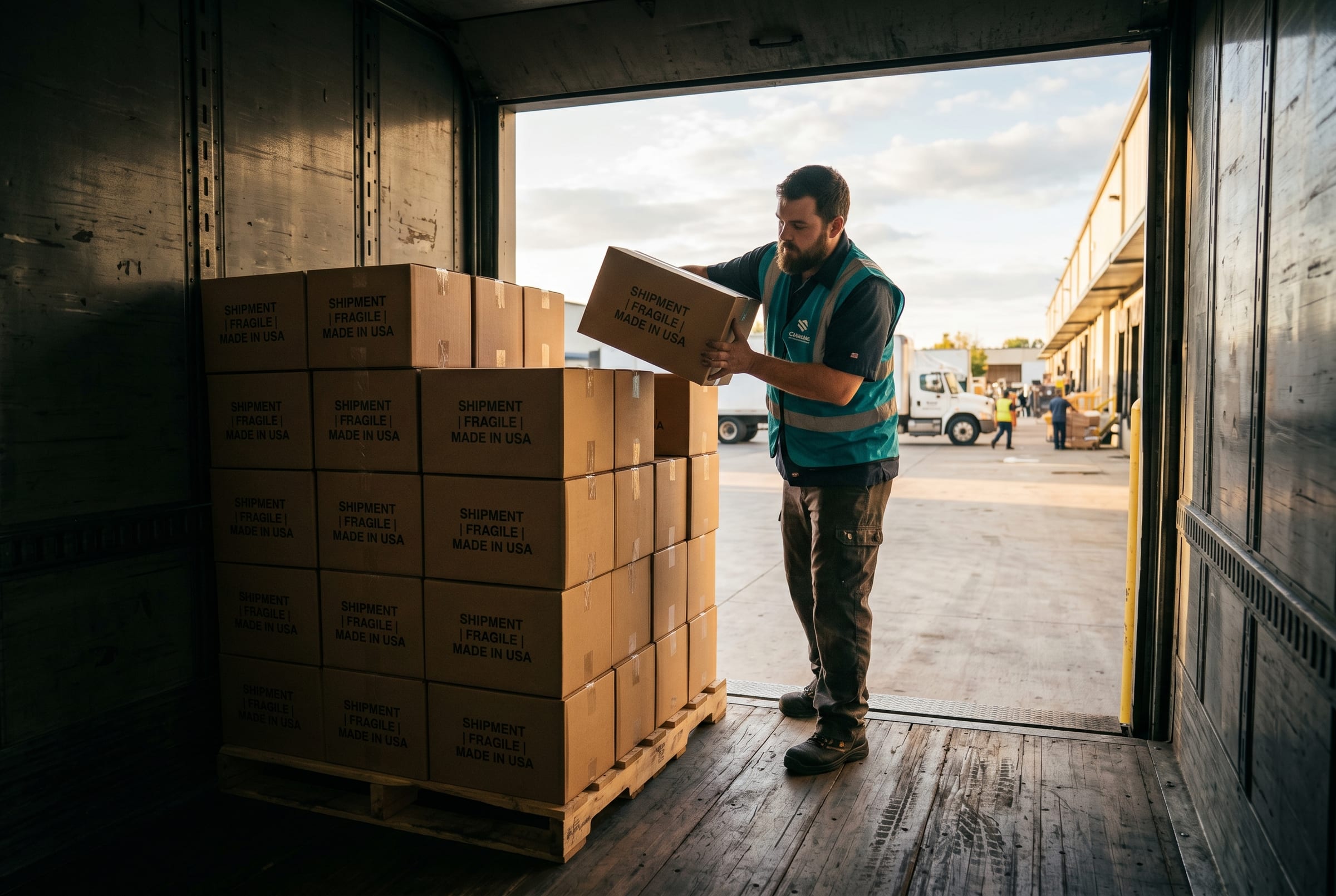 Operario estibando cajas dentro de un remolque en el andén