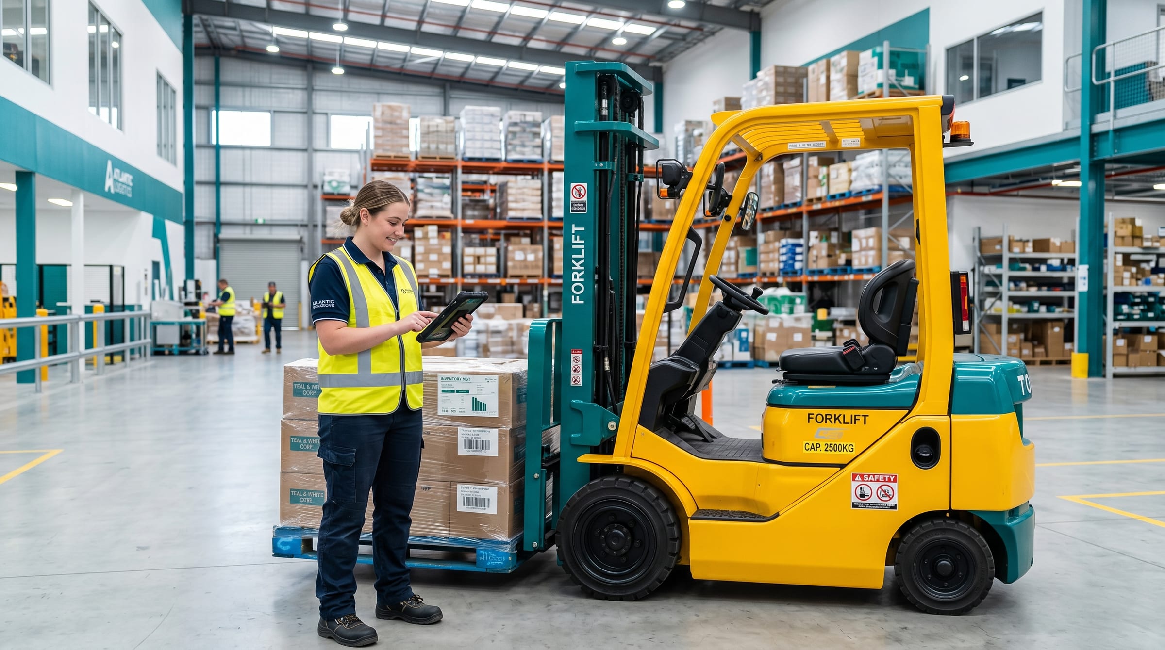 Worker with a tablet next to a forklift holding a ready pallet